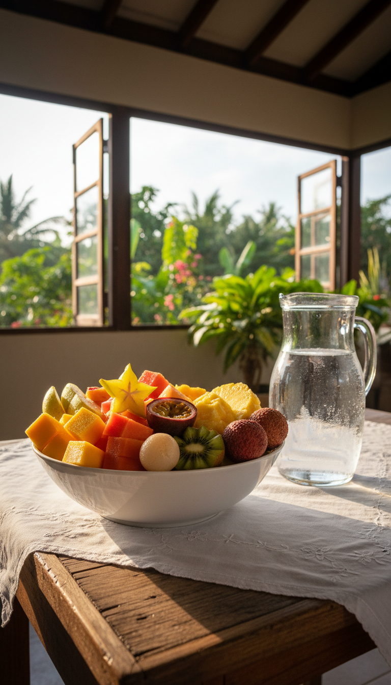 A pristine, high-quality ceramic bowl filled with fresh, hand-picked tropical fruit next to a tall, clear pitcher of purified water, both placed on a simple white embroidered tablecloth atop a rough-hewn wooden table. The table is located in an open-air clinic setting with lush green foliage visible through open windows. A soft, golden hour glow washes over the scene, casting warm highlights and subtle, elongated shadows. The camera uses a low-angle, close-up perspective, emphasizing the vibrant colors and textures of the fruit and water, symbolizing nourishment and care. The atmosphere is nurturing and comforting, echoing the hospitality of global medical missions with a clean, organic, photorealistic style.
