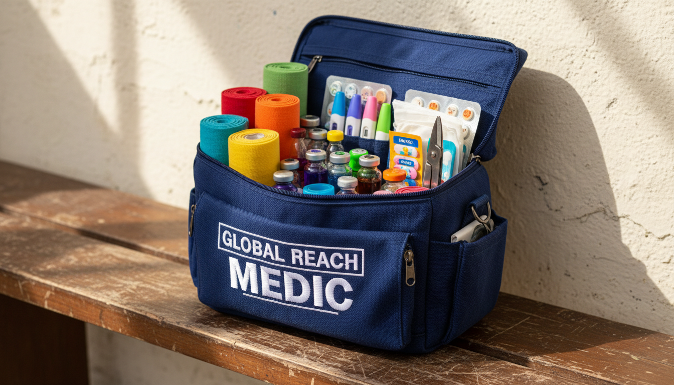 A close-up of a collection of brightly colored medical supplies such as bandages, thermometers, and vials arranged methodically inside a sturdy, deep blue canvas field kit bag with bold white logo stitching. The kit bag sits open on a worn wooden bench against a hand-plastered cream wall, with sunlight filtering through overhead rafters, creating dappled, natural highlights and soft, organic shadows. The composition uses a slightly oblique angle and fills the frame with detail, providing a sense of readiness and resourcefulness. The mood is quietly energetic, conveying preparedness and care without chaos. The style remains clean, grounded, and visually organized to honor a spirit of hope-filled service.