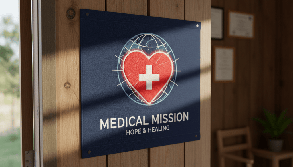 An intricately designed medical mission logo displayed on a navy blue fabric banner, featuring a vivid red heart enclosing a white cross and a globe subtly embroidered in the background. The banner is fastened neatly to a rustic wooden wall inside a modest community clinic. Diffused afternoon light from an open window strikes the fabric, casting gentle, elongated shadows below. Mild reflections highlight the threads, emphasizing the banner’s texture. Captured from a slightly elevated angle with sharp focus, the composition spotlights the emblem while allowing hints of the humble setting to show. The mood is earnest and purposeful, blending dignity with warmth. The artistic approach is clean, modern, and spiritually inspired.